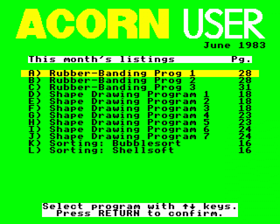 Acorn User #011 (06.1983) Menu Screen