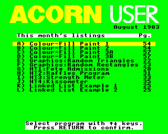 Acorn User #013 (08.1983) Menu Screen