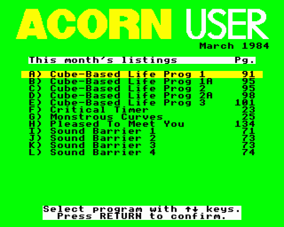 Acorn User #020 (03.1984) Menu Screen