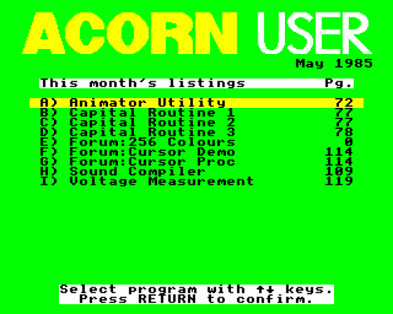 Acorn User #034 (05.1985) Menu Screen