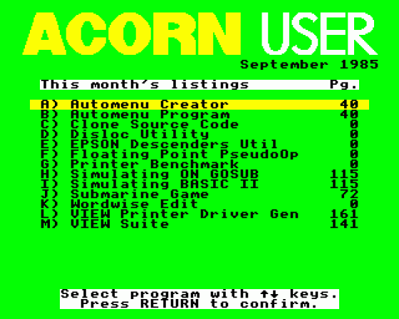 Acorn User #038 (09.1985) Menu Screen