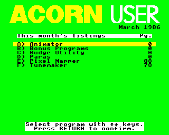 Acorn User #044 (03.1986) Menu Screen