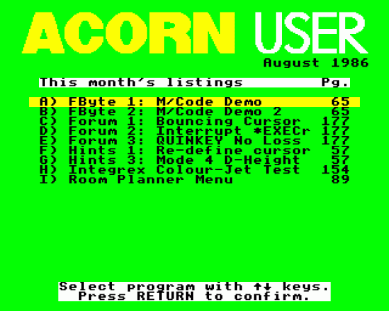 Acorn User #049 (08.1986) Menu Screen