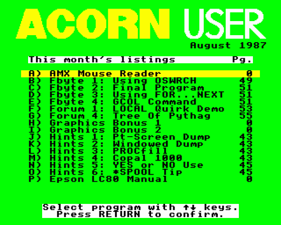 Acorn User #061 (08.1987) Menu Screen