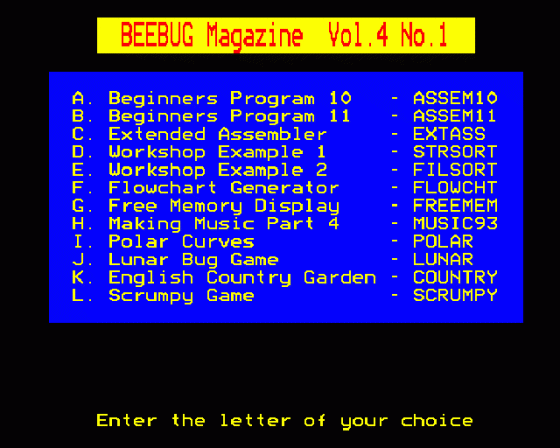 Beebug Volume 4 Number 1 Menu Screen